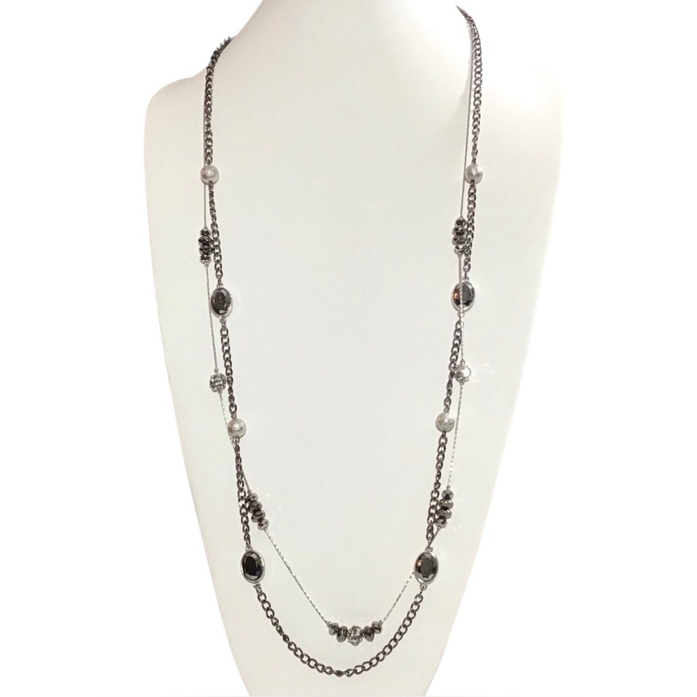 NY Mirror Beads Necklace Silver Tone Chain Faux Diamonds Fashion Costume Jewelry